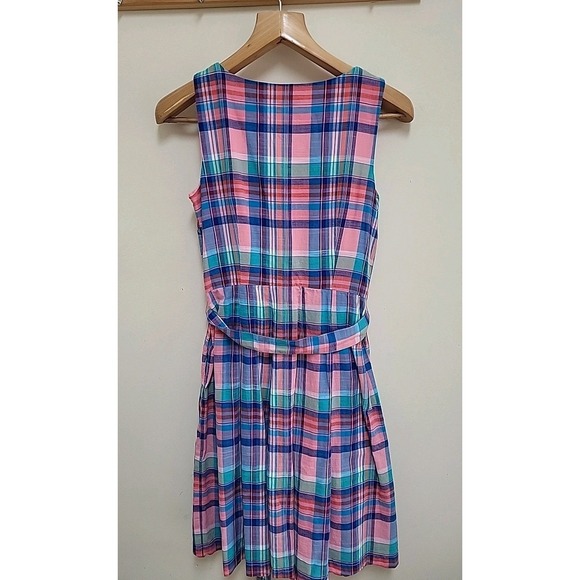 TALBOTS Dress Pink Madras Plaid Sz 8 Petite Belted Cotton Button Up Sleeveless - Picture 4 of 7